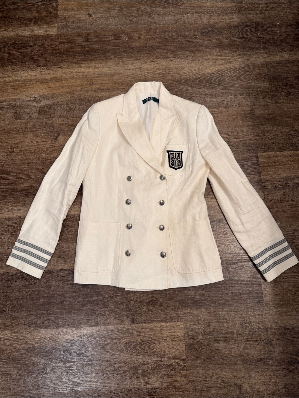 Lauren Ralph Lauren Cream Double-Breasted Blazer with Crest Patch